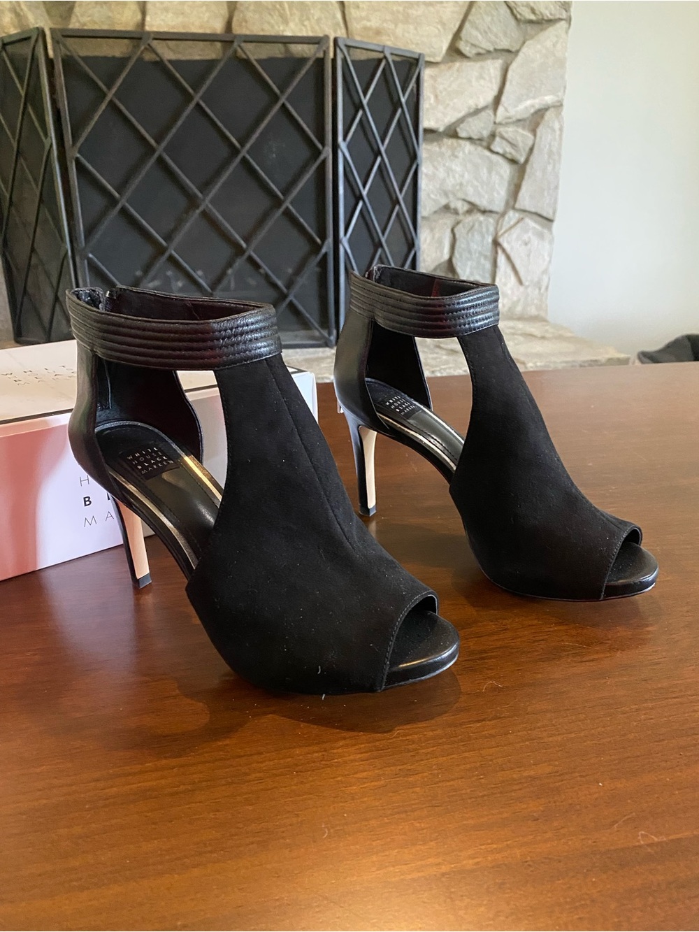 White House Black Market Adley black leather trim booties size 8